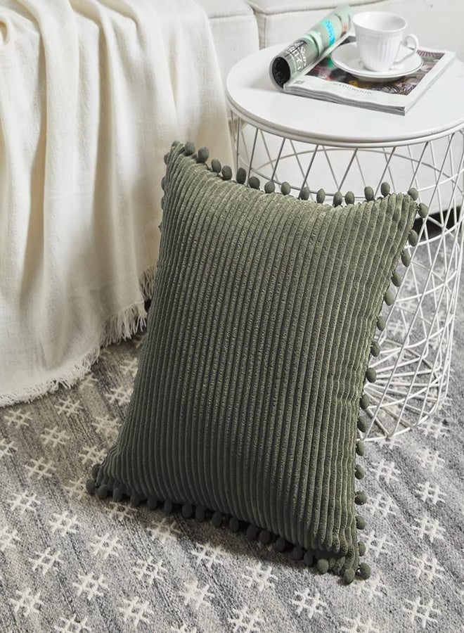 Fancy Homi طقم غطاءي وسادة زينة من فانسي هومي، لون أخضر زيتوني، مقاس 16×16 بوصة، مزينين بكرات صغيرة، مناسبين للأريكة والسرير وغرفة النوم، غطاء وسادة مربع من قماش الكوردروي الناعم، مقاس 40×40 سم، ديكور منزلي ريفي بوهيمي - Image 2